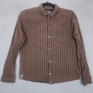 Quiksilver Shirt Boys XL Brown Stripe Long Sleeve Button Up Logo Graphic